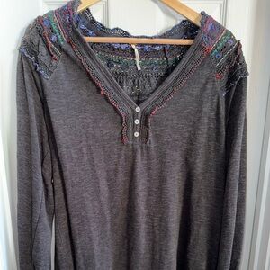 Free People Siesta Fiesta Top L Black Crochet Embroidery Long Sleeve Dark Fairy